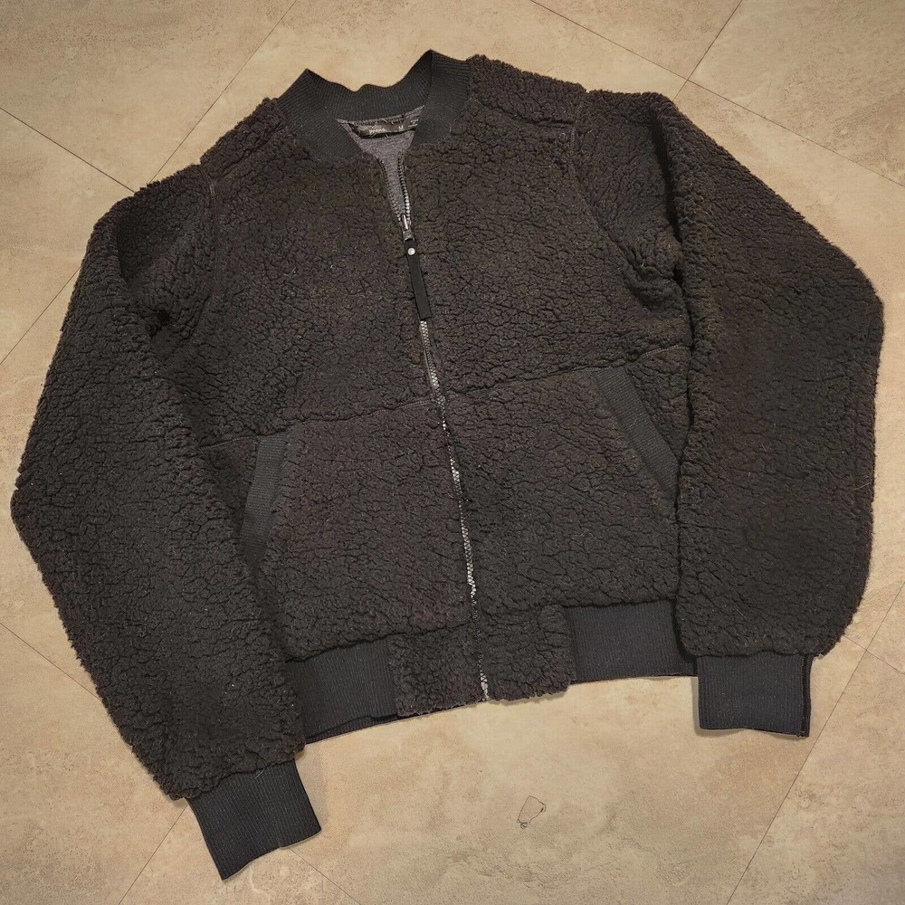 Prana Polar Escape Womens M Medium‎ Black Sherpa Fleece Reversible Bomber Jacket